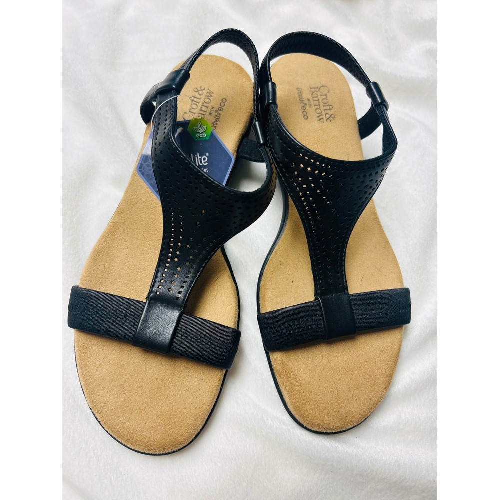 Croft & Barrow Womens Black Perforated T-Strap Ortholite Wedge Sandals Size 8.5